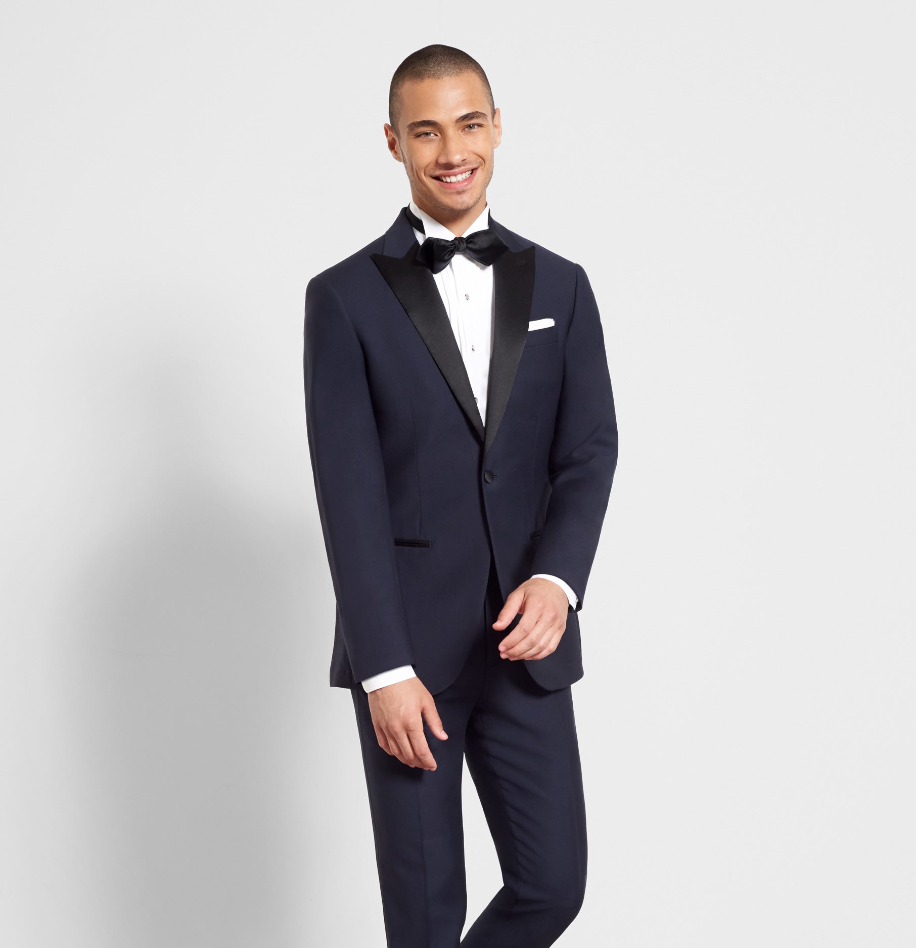Black tux shop with navy dress