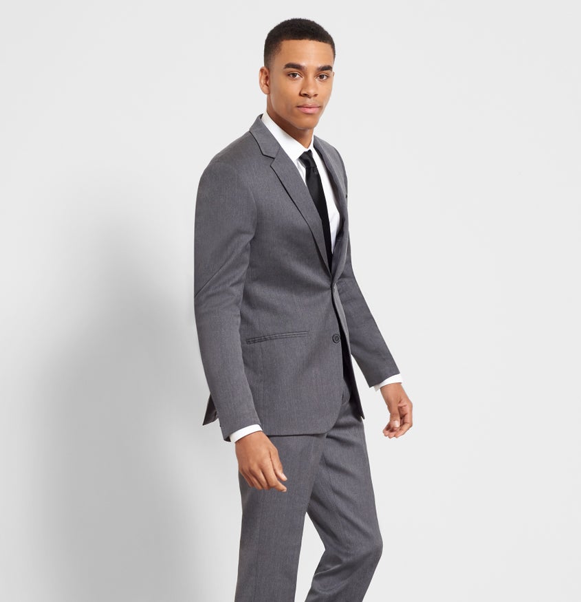 gray tux black shoes