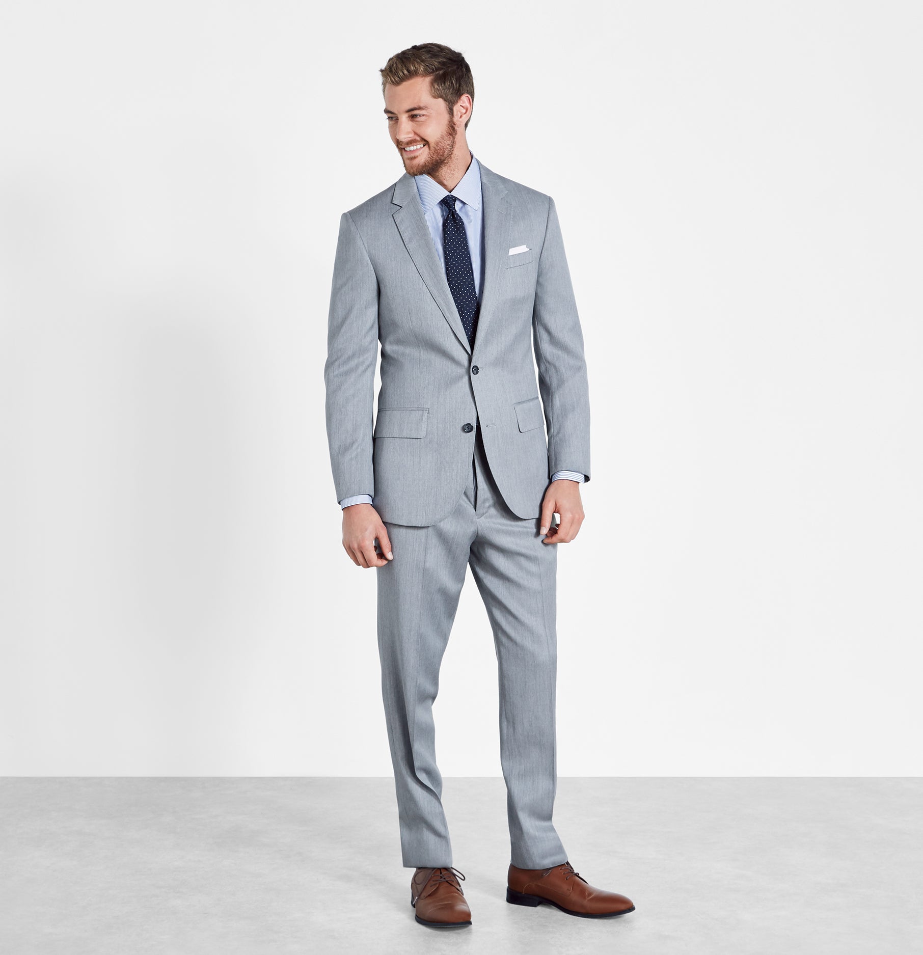 light grey suit tan shoes